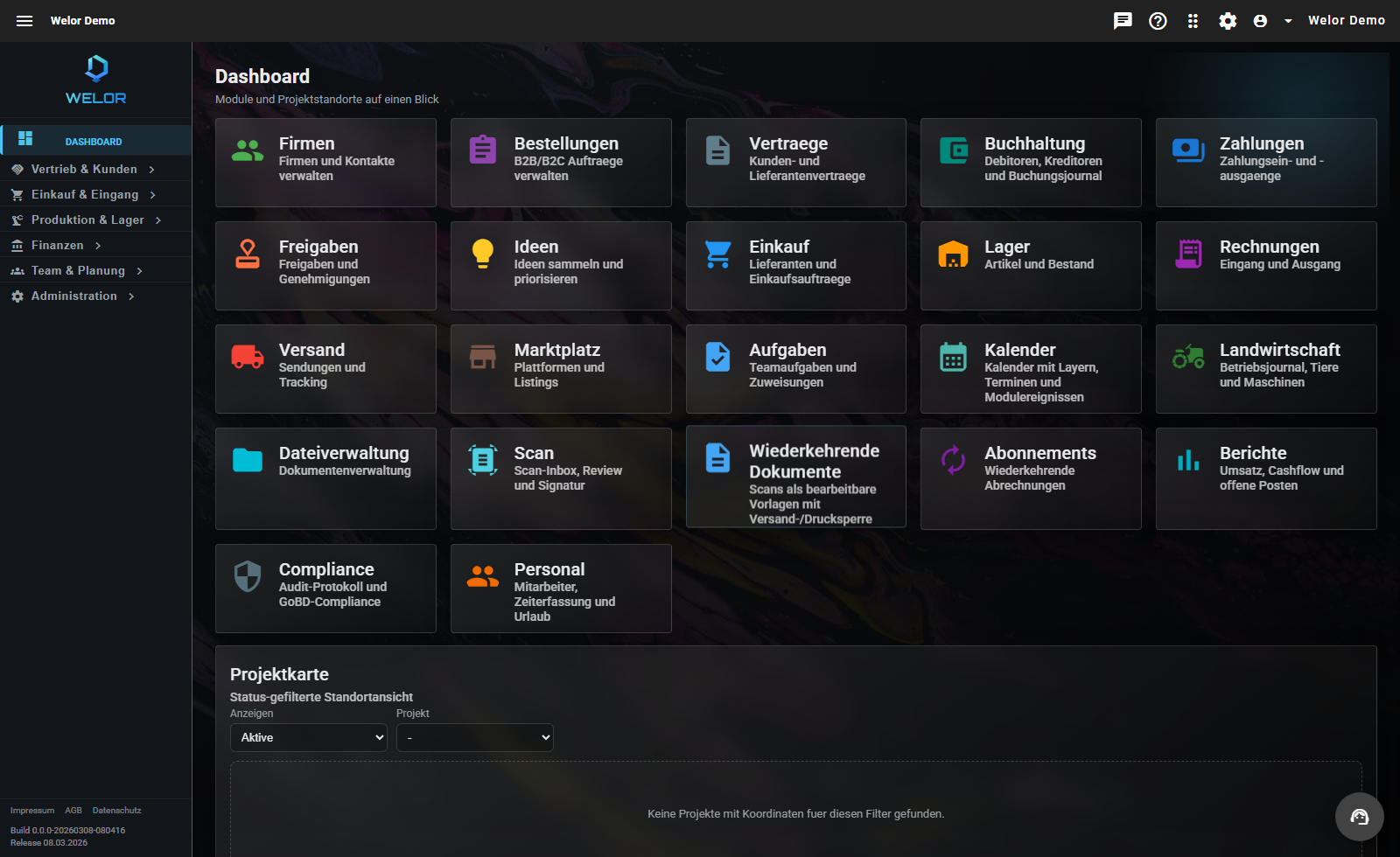 WELOR Dashboard Demoansicht