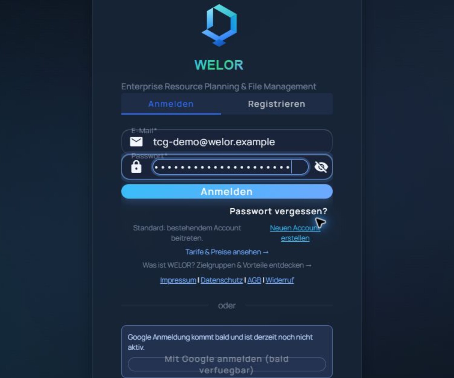 WELOR-Anmeldemaske mit neutralen TCG-Demodaten