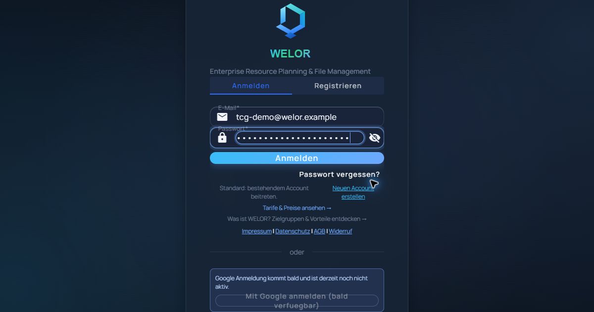 WELOR-Anmeldemaske mit neutralen TCG-Demodaten